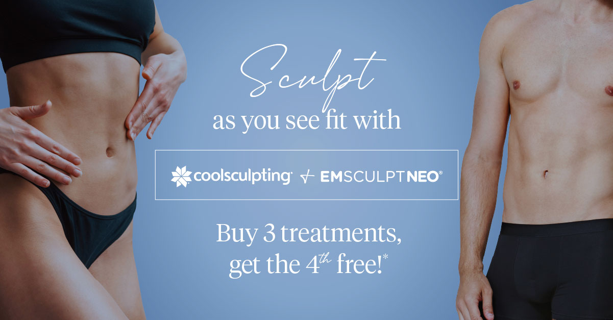 Sculpt as you see fit with coolsculpting + emsculpt neo. Buy 3 treatments, get the 4th free!*